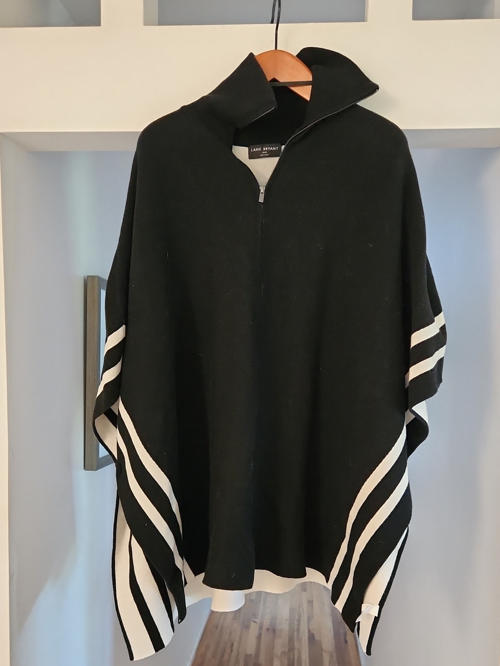 Lane Bryant Black Poncho with White Stripe Trim